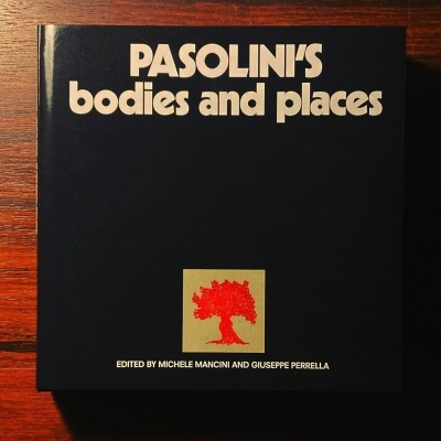 Livro PASOLINI'S bodies and places com capa preta e detalhe de árvore vermelha