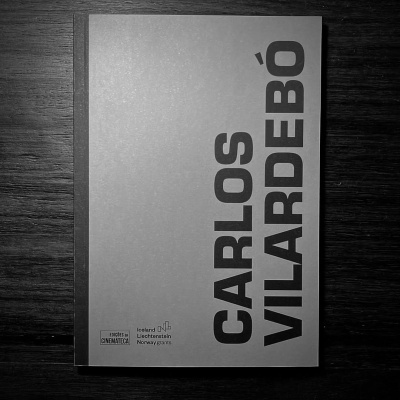 Livro cinzento com o texto CARLOS VILARDEBÓ sobre madeira escura