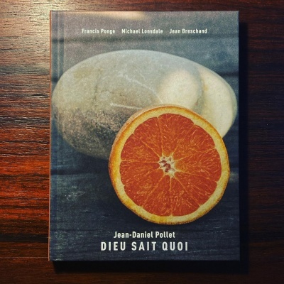 Capa de livro com pedra e meia laranja sobre madeira