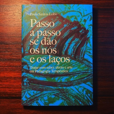 Livro com capa azul e verde e padrões abstratos colocado sobre superfície de madeira escura