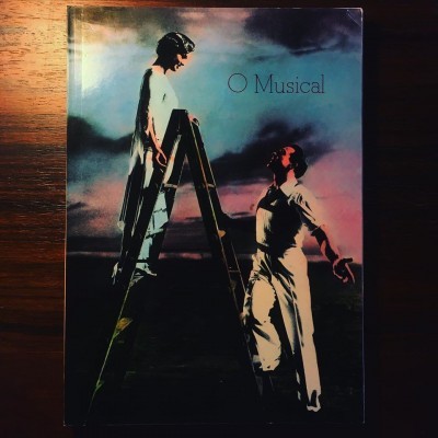 Capa de livro com duas pessoas em roupa branca, uma na escada, céu ao entardecer e título O Musical
