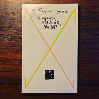 Livro branco 'O Meu Corpo, Este Desejo, Esta Lei' sobre madeira escura