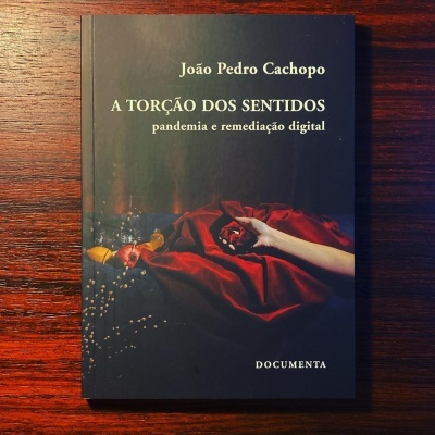 Capa do livro 'A Torção dos Sentidos' com mão segurando rosa vermelha sobre tecido vermelho