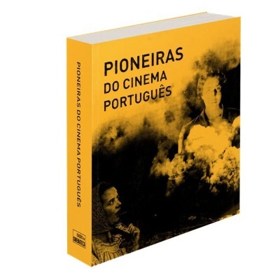 Livro PIONEIRAS DO CINEMA PORTUGUÊS com capa amarelo mostarda e imagem artística em preto e amarelo