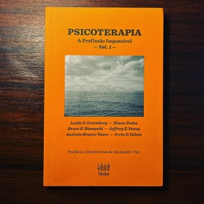 Capa de livro laranja com título PSICOTERAPIA A Profissão Impossível -- Vol. 1 -- e foto do mar sob céu nublado