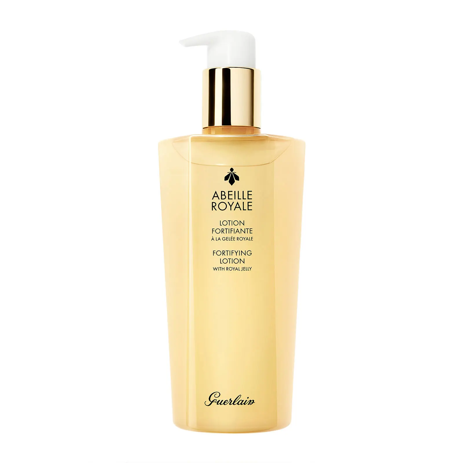 Frasco amarelo com doseador branco e dourado da loção fortificante Abeille Royale da Guerlain