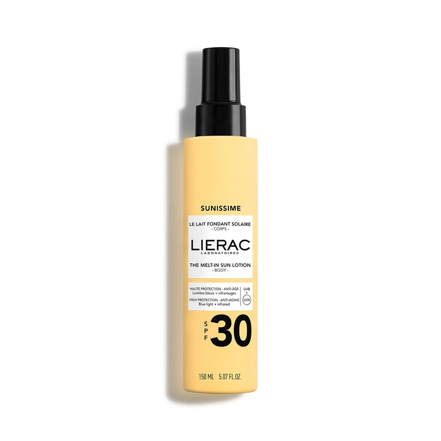 LIERAC Sunissime Leite Solar Hidratante Corpo SPF30 150ml Frasco amarelo com tampa preta de loção solar corporal SPF 30