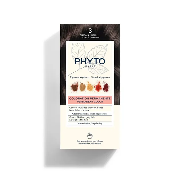 PHYTO Coloração Permanente 3 Castanho Escuro Embalagem de coloração permanente para cabelo Phyto Paris tom castanho escuro
