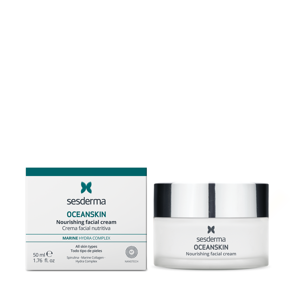 SESDERMA Oceanskin Creme Hidratante 50ml Creme facial nutritivo Sesderma OCEANSKIN com embalagem e caixa branca e detalhes em verde
