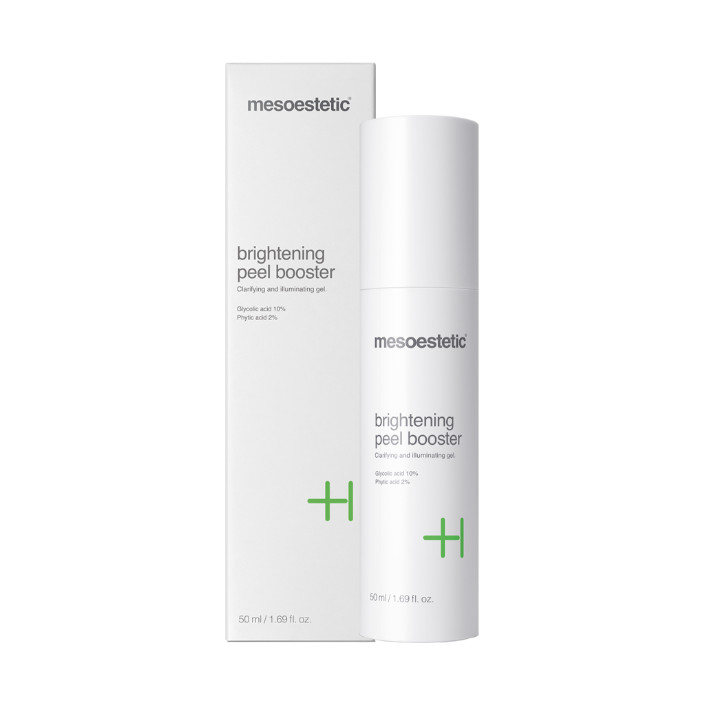 MESOESTETIC Brightening Peel Booster gel clareador 50ml Frasco e embalagem do mesoestetic brightening peel booster