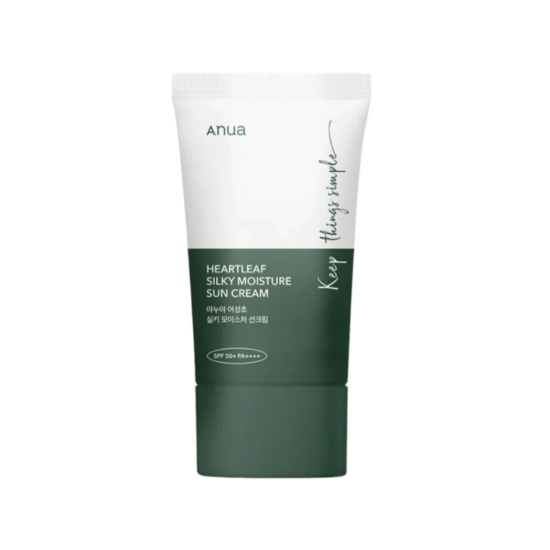 ANUA Heartleaf Silky Moisture Sun Creme Protetor Solar SPF50 50ml Creme solar Anua Heartleaf em tubo branco e verde.