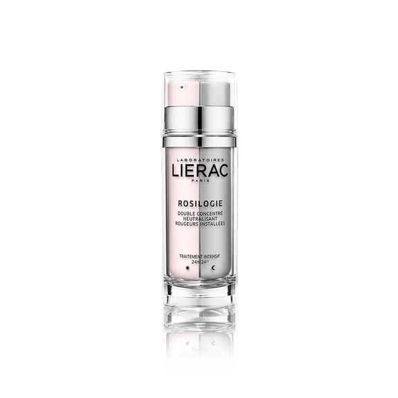 LIERAC ROSILOGIE Duplo Concentrado Neutralizante 30ml Frasco de tratamento cosmético rosado com tampa transparente e texto preto