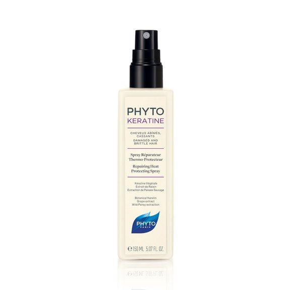 PHYTO Phytokératine Spray Reparador Termoprotetor 150ml Frasco branco de spray PHYT KERATINE com tampa preta sobre fundo branco