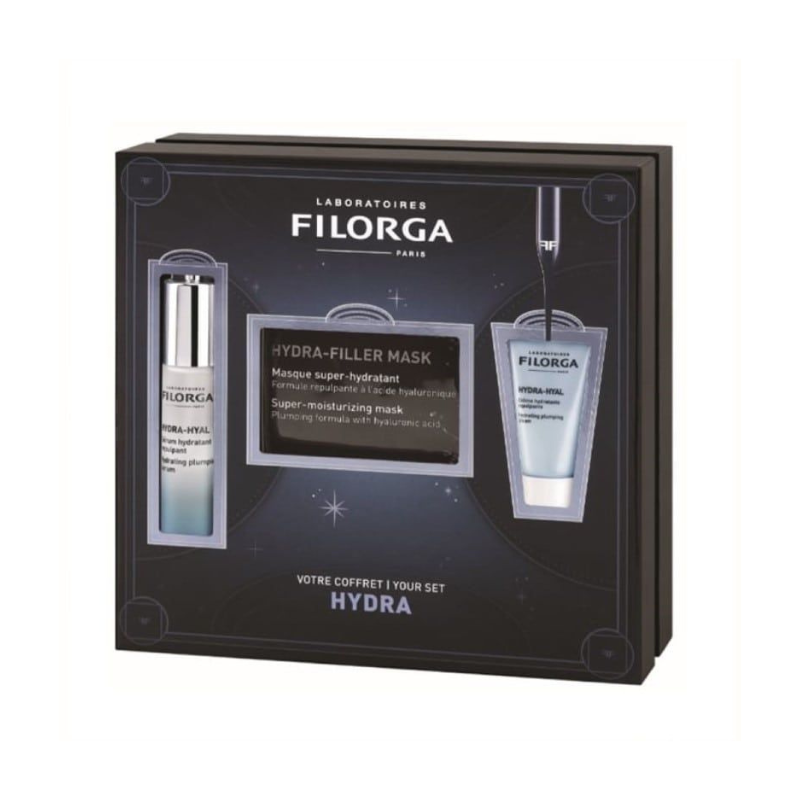 FILORGA Coffret Hydra-Hyal Sérum 30ml + Hydra-Hyal Creme 15ml + Hydra-Filler Mask Conjunto Filorga Hydra-Filler Mask com embalagem preta e frascos prateados