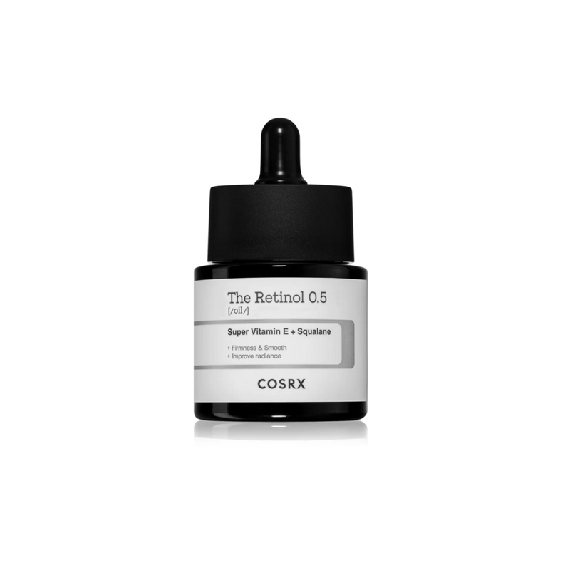 COSRX The Retinol 0.5 Oil Sérum Oleoso Anti-rugas 20ml Frasco conta-gotas preto de cosmético The Retinol 0.5 da COSRX com etiqueta branca