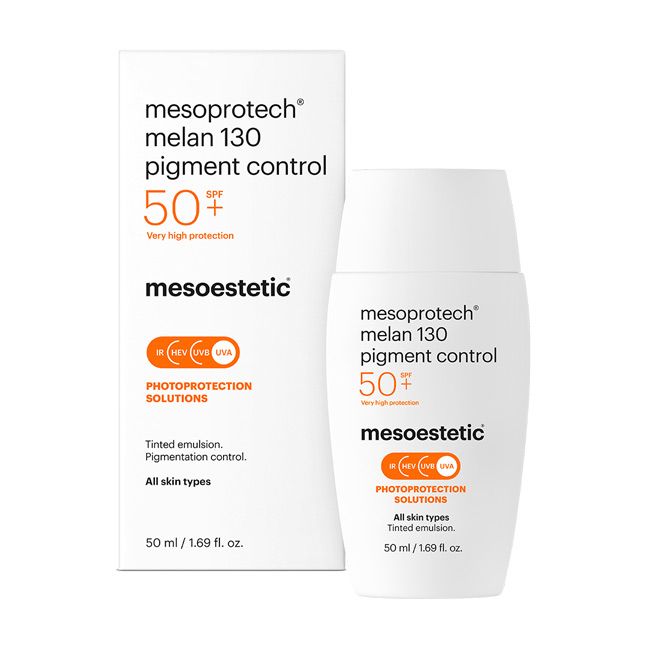 MESOESTETIC Mesoprotech melan 130 pigment control protector solar anti-manchas 50ml Produto mesoprotech melan 130 pigment control SPF 50+ da mesoestetic com embalagem e frasco brancos