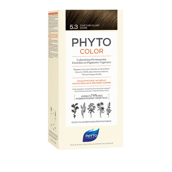 PHYTO Phytocolor 5.3 Castanho Claro Dourado Coloração Permanente Sem Amoníaco Embalagem de coloração capilar PHYTÓ COLOR tom 5.3 em tons bege e branco com textos e imagens de plantas