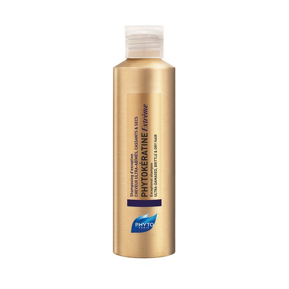 PHYTO Phytokératine Extrême Champo Cabelos Danificados, Quebradiços e Secos 200ml Frasco dourado de produto capilar Phytokératine Extrême da Phyto