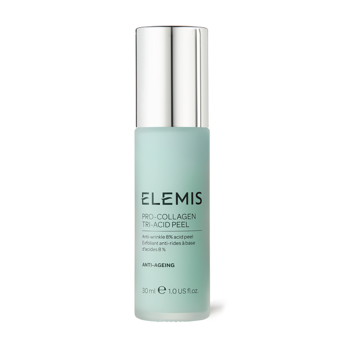 ELEMIS Pro-Collagen Tri-Acid Peel Peeling Tratamento Anti-Rugas 30ml Frasco vidro fosco verde água com tampa prateada e texto do produto