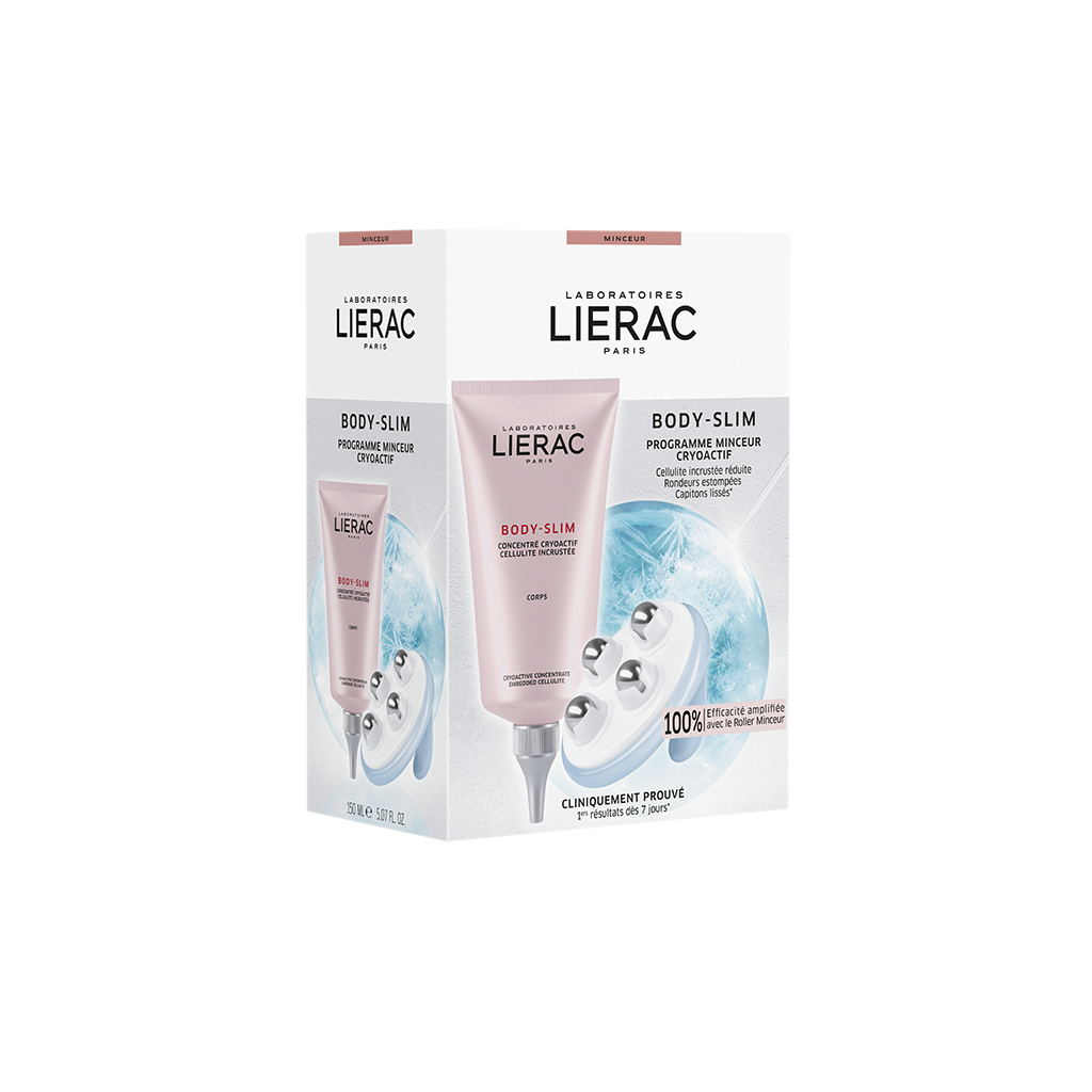 LIERAC BODY SLIM Programa Adelgaçante - Concentrado Crioativo 150ml + Roller Embalagem e tubo de creme corporal Lierac BODY-SLIM com dispositivo branco de massagens