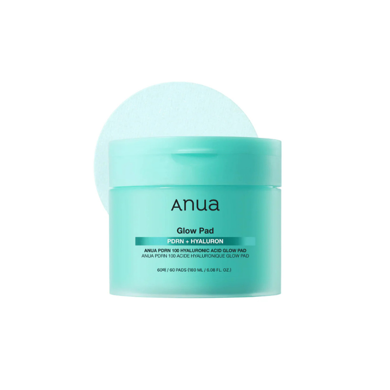 ANUA PDRN 100 Hyaluronic Acid Glow Pad Discos de Limpeza Revitalizantes 60unid Frasco turquesa do produto Anua Glow Pad com texto na embalagem