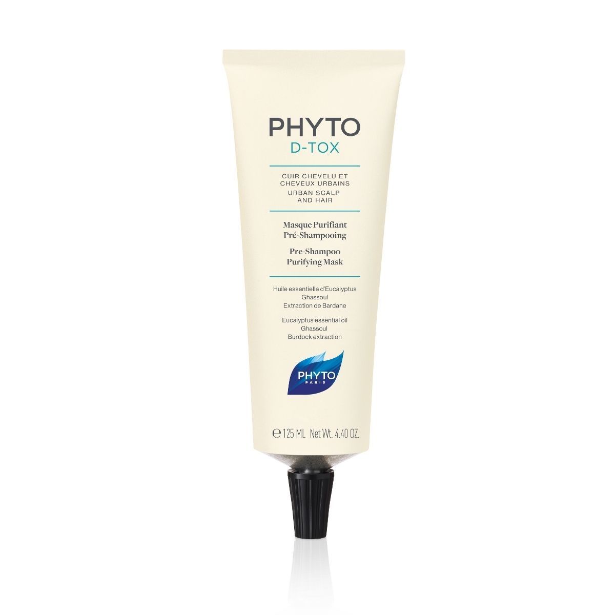 PHYTO Phyto D-tox Máscara Purificante 125ml Bisnaga branca com tampa preta de produto PHYTÔ D-TOX máscara purificante