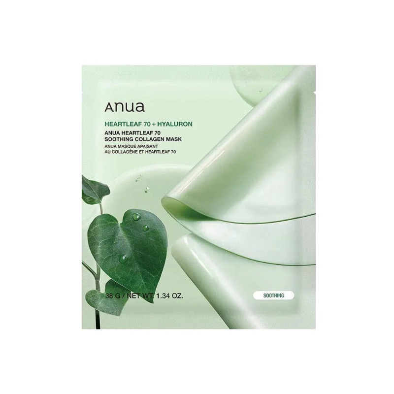 ANUA Heartleaf 70 Soothing Collagen Máscaras de Colagénio 4pcs 38g Máscara facial Anua Heartleaf 70 + Hyaluron em embalagem verde com folhas e texto.