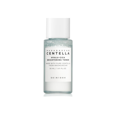 Frasco de toner Madagascar Centella Hyalu-Cica Brightening Toner, 30 ml, embalagem transparente com tampa branca