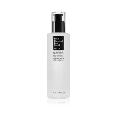 Frasco de BHA Blackhead Power Liquid da COSRX, branco fosco com tampa preta e dispensador