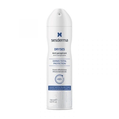 Spray anti-transpirante branco Sesderma Dryses com texto azul