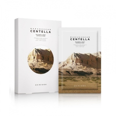Máscara facial de hidrogel Madagascar Centella SKIN1004 com embalagem branca e imagem de paisagem árida