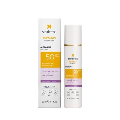 Produto Sesderma Repaskin Urban 365 protetor solar SPF 50 embalagem branca e amarela