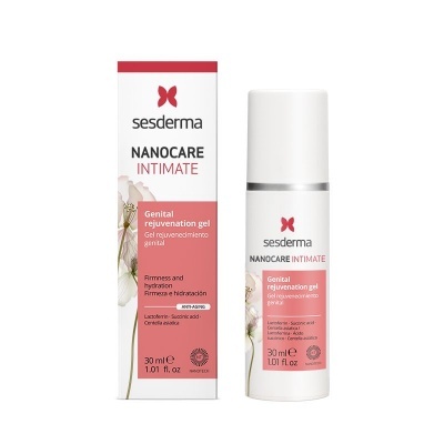 Gel de rejuvenescimento genital Nanocare Intimate da Sesderma, frasco branco com rótulo vermelho e branco ao lado da embalagem.