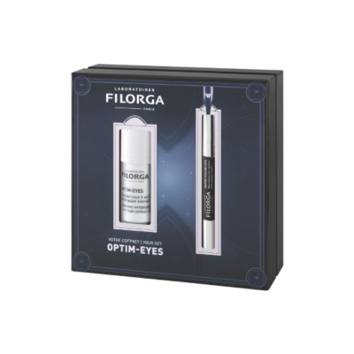 Embalagem preta com dois produtos FILORGA e texto Optim-Eyes