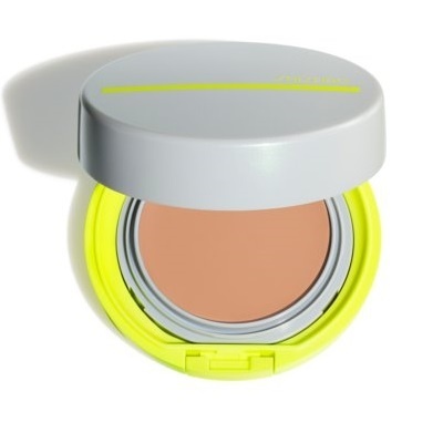 Estojo de pó compacto cinzento com base amarela fluorescente aberto