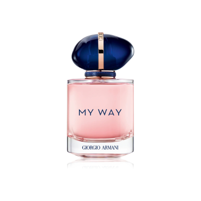 Frasco de perfume MY WAY Giorgio Armani com líquido cor-de-rosa e tampa azul
