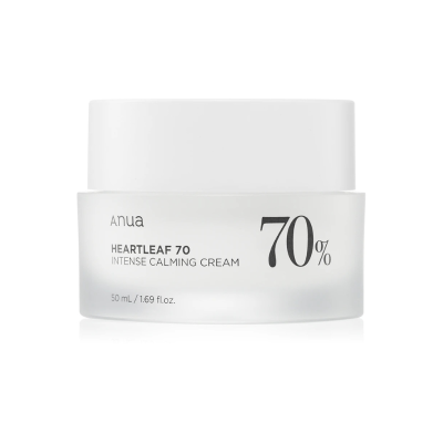 Frasco de creme facial Anua Heartleaf 70 com texto preto em frasco branco