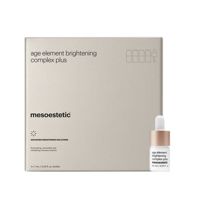 Embalagem cinzenta clara e frasco branco com tampa dourada de produto age element brightening complex plus da mesoestetic