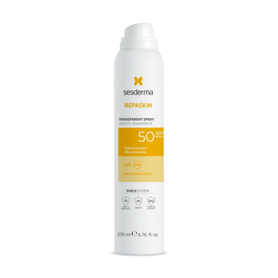 Frasco branco de proteção solar em spray SPF 50 da marca Sesderma Repaskin