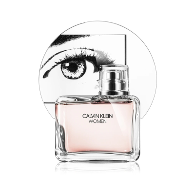 Frasco de perfume Calvin Klein Women com imagem de olho em fundo branco