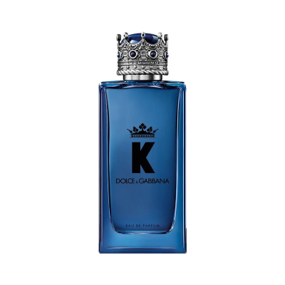 Frasco azul escuro de perfume Dolce & Gabbana com tampa em forma de coroa prateada