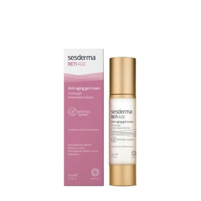 Creme em gel anti-envelhecimento Sesderma RETI AGE com embalagem branca e rosa e frasco branco com tampa dourada