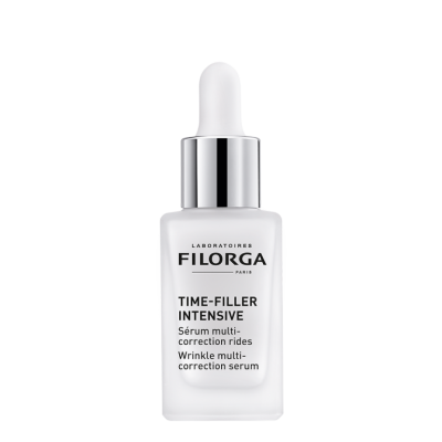 Frasco branco com conta-gotas cromado e texto preto da Filorga Time-Filler Intensive.