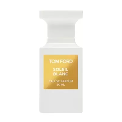 Frasco branco de perfume Tom Ford Soleil Blanc com rótulo dourado
