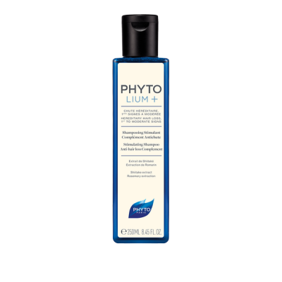 Frasco azul de champô PHYTO Phytolium+ 250ml com tampa preta