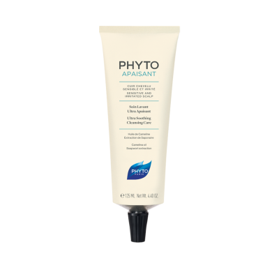 Tubo branco de produto PHYTO APAISANT para couro cabeludo sensível com tampa preta