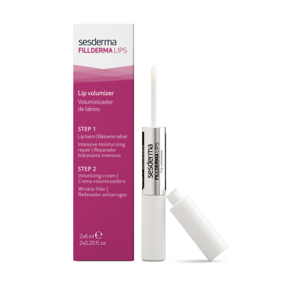 Frasco branco de cosmético para lábios e caixa roxa e branca com informações do produto