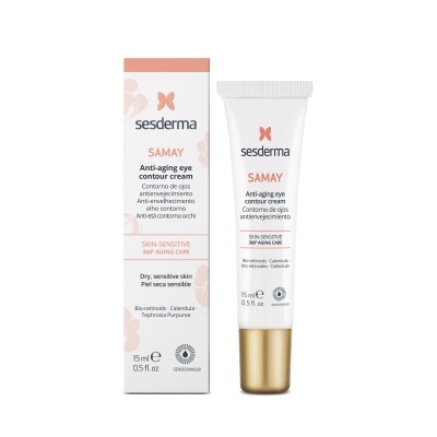 Creme anti-envelhecimento para contorno de olhos Sesderma Samay em tubo branco com tampa dourada