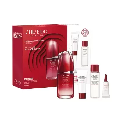 Conjunto de cuidados de pele SHISEIDO GLOBAL AGE DEFENSE PROGRAM com embalagem vermelha e frascos e tubos em vermelho e branco