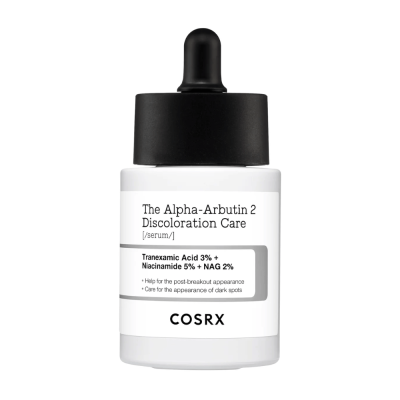 Frasco branco com tampa conta-gotas preta do sérum The Alpha-Arbutin 2 Discoloration Care da COSRX